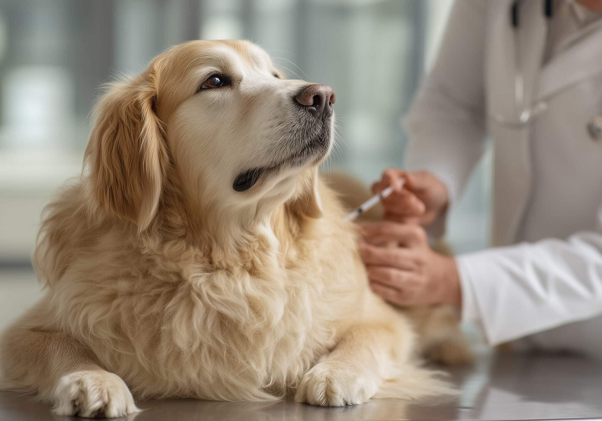 Golden retriever receiving a vaccination from a veterinarian in a clinical setting. The dog appears calm on the examination table while the vet administers care. Image made using Generative AI.