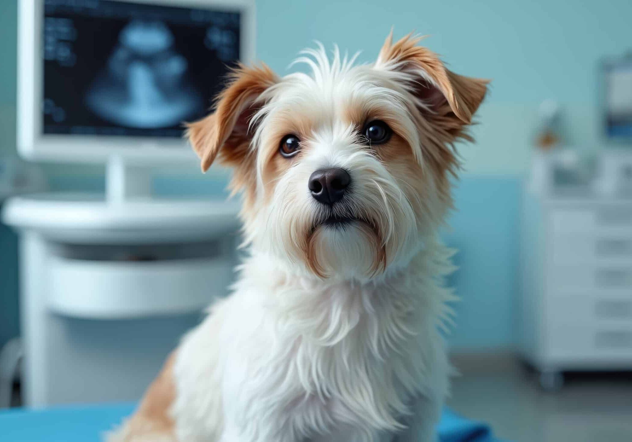Small dog sits in veterinary clinic waiting checkup. Cute puppy poses at vet. Animal health care. Ultrasound machine at background. Pet at examination by veterinarian. Dog at modern clinic.