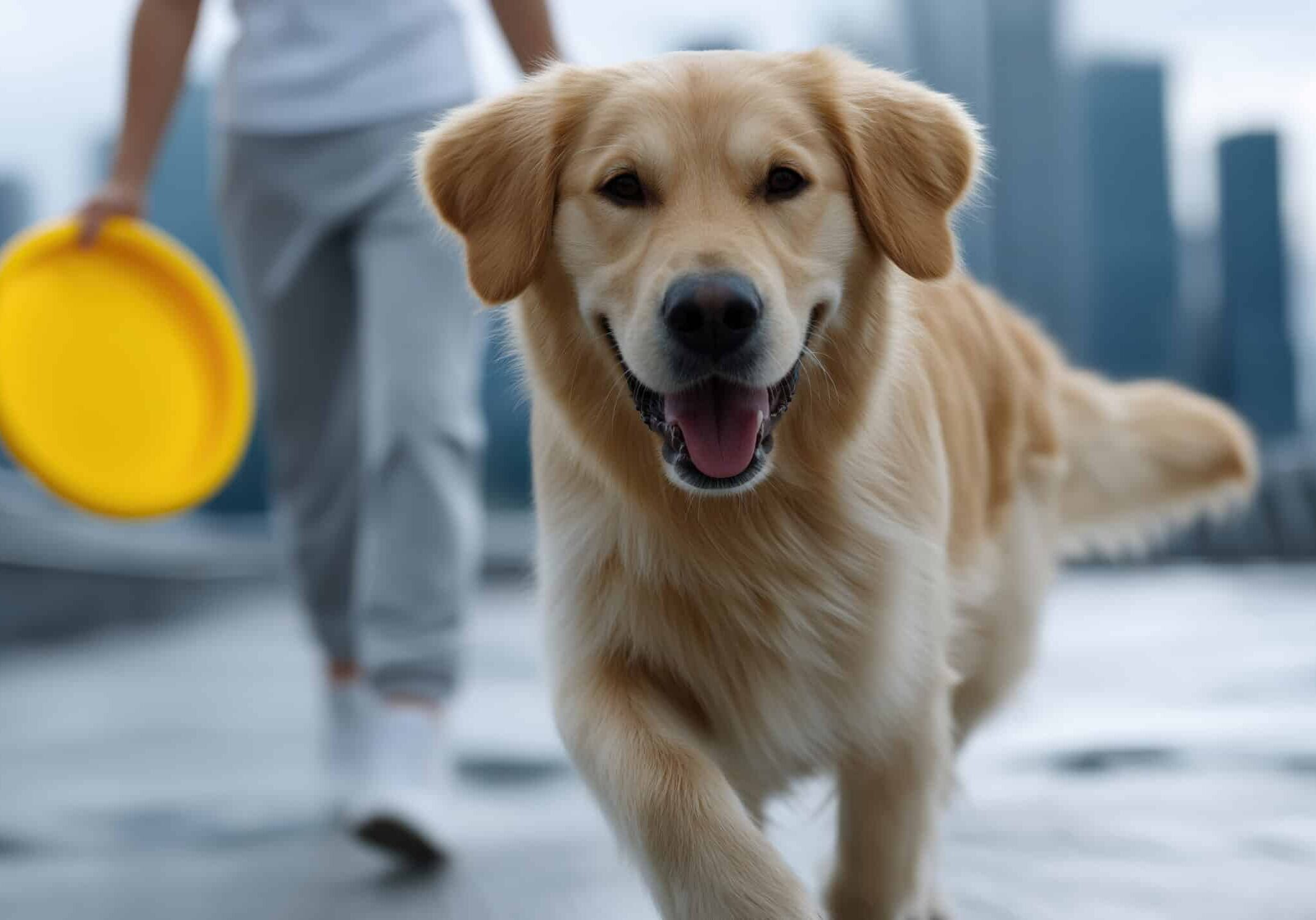 Golden retriever happily running with a frisbee in the city