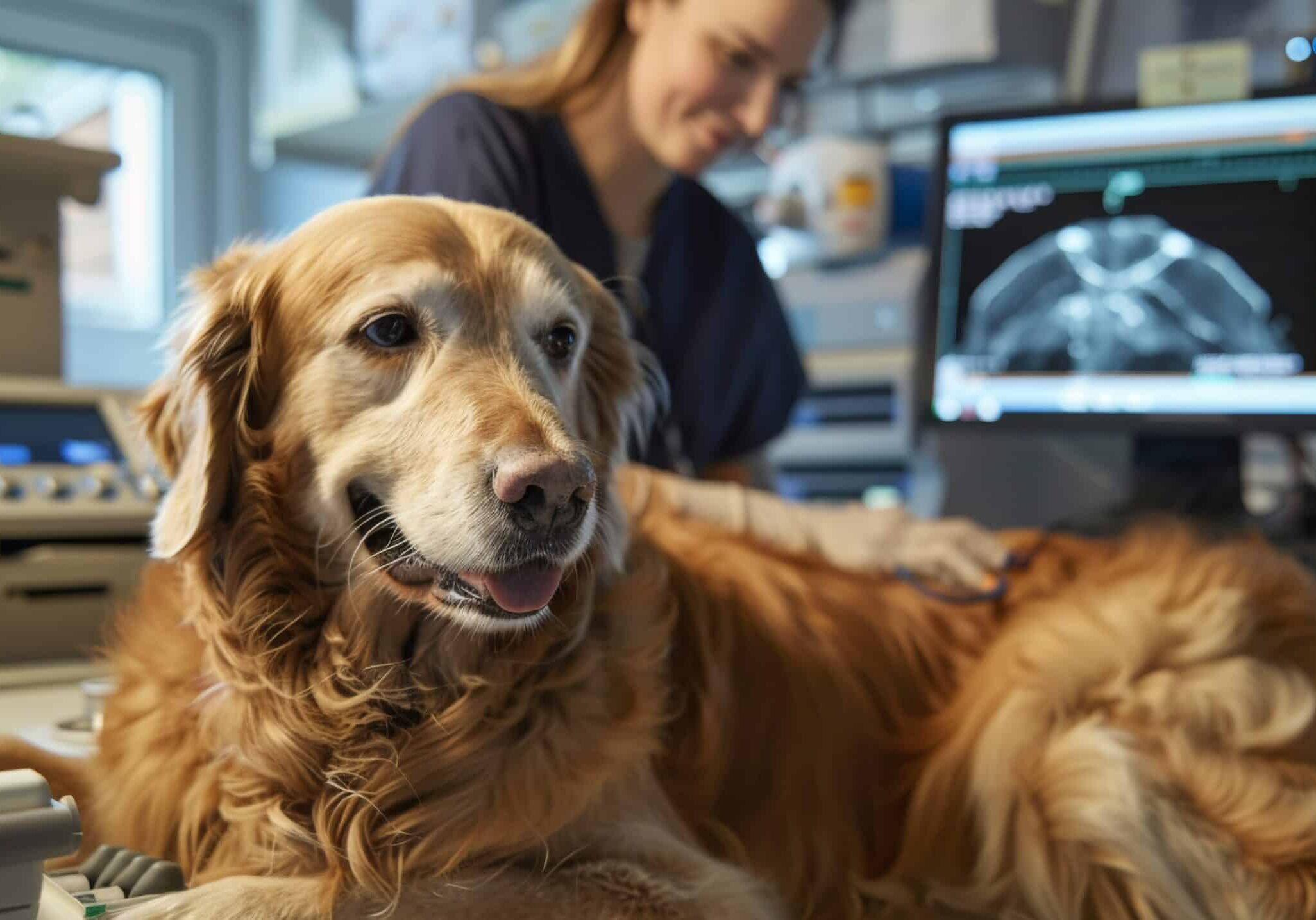 A veterinary clinic scene featuring a vet with an ultrasound machine and a relaxed golden retriever